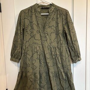 Zara Olive Eyelet Tiered Midi Dress